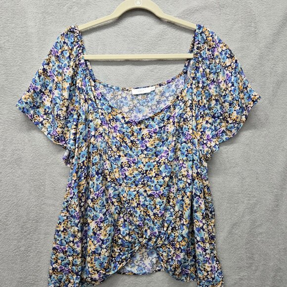 Lush 2X Navy Floral Blouse Square Neck Tie Crop Front Short Sleeve Light FLowy - Picture 7 of 7